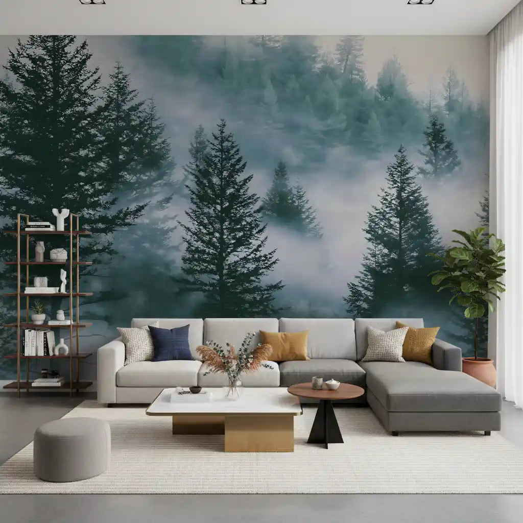 Misty Alpine Forest Serenity Wall Mural
