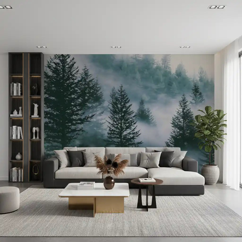 Misty Alpine Forest Serenity Wall Mural
