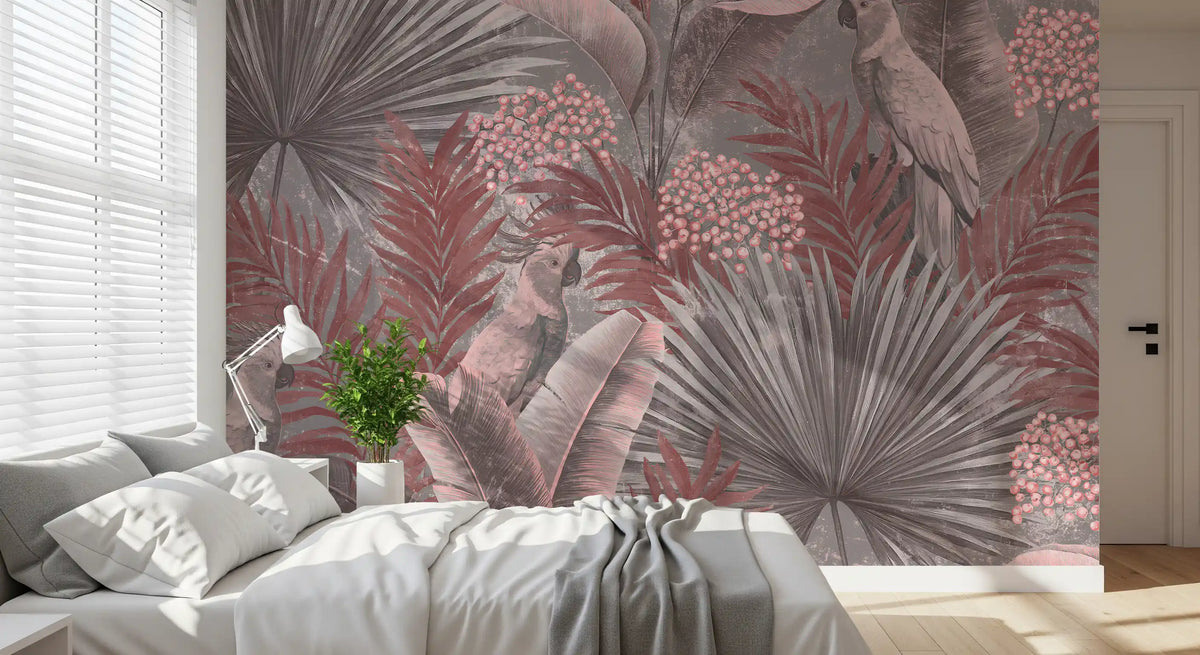 Muted Pink Cockatoo Tropical Foliage Wall Mural