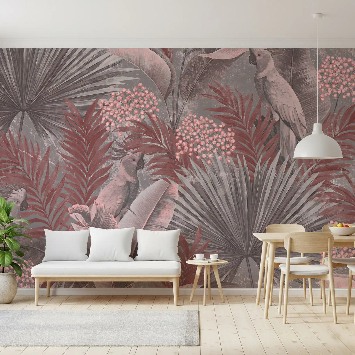 Muted Pink Cockatoo Tropical Foliage Wall Mural