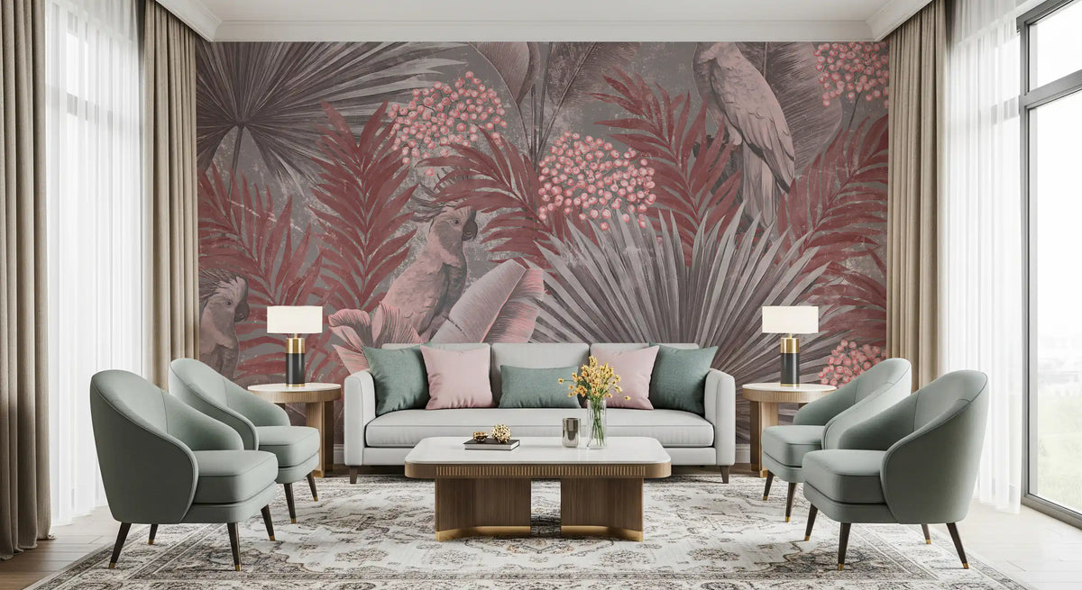 Muted Pink Cockatoo Tropical Foliage Wall Mural