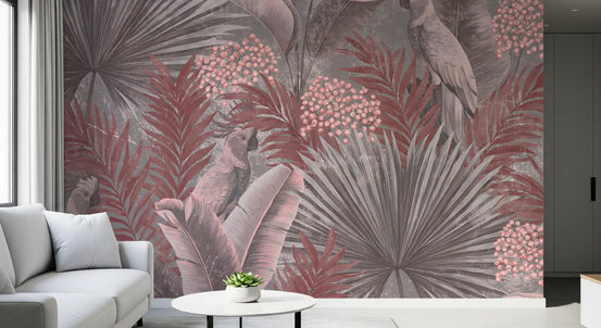 Muted Pink Cockatoo Tropical Foliage Wall Mural