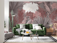 Muted Pink Cockatoo Tropical Foliage Wall Mural