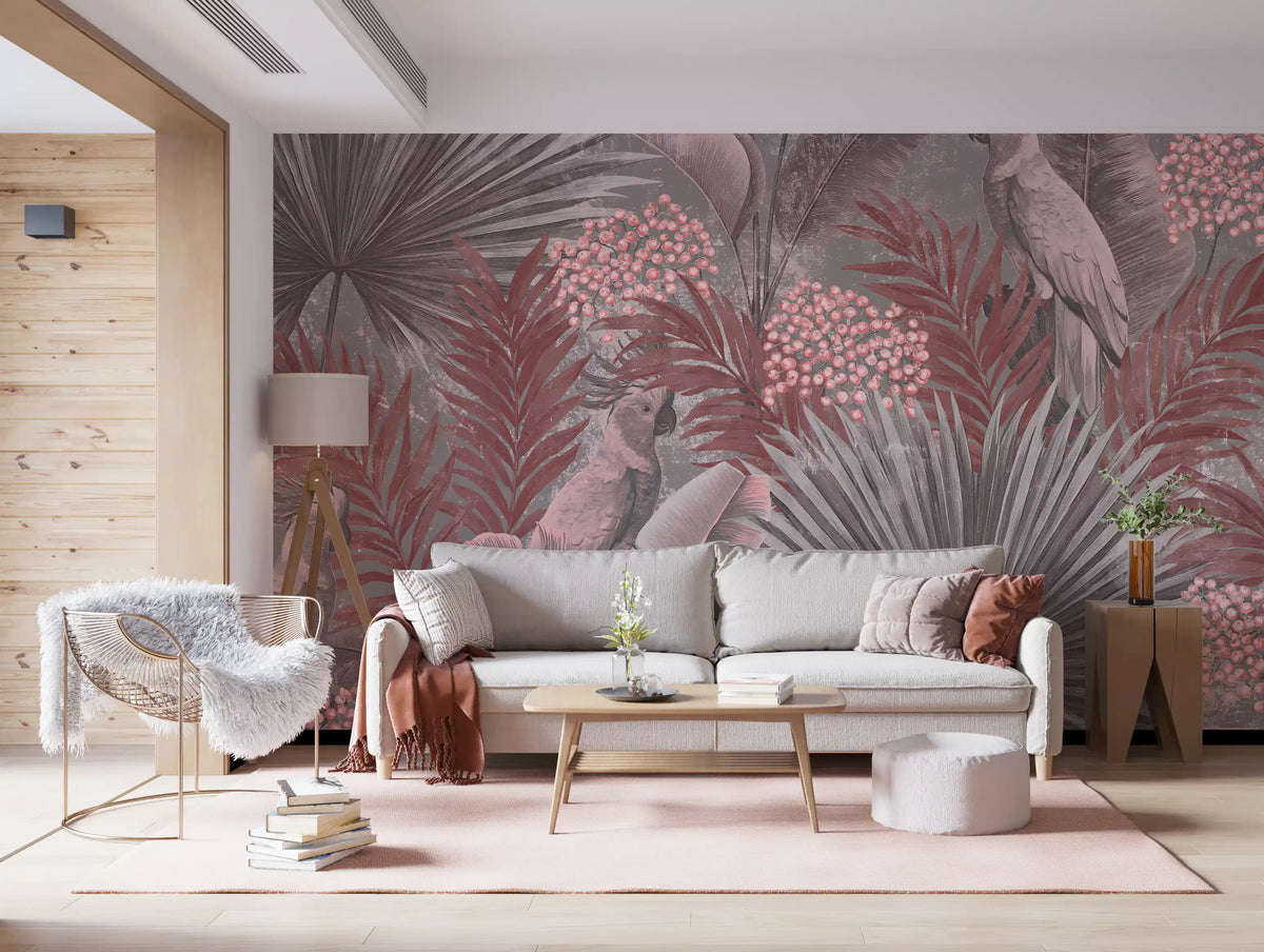 Muted Pink Cockatoo Tropical Foliage Wall Mural