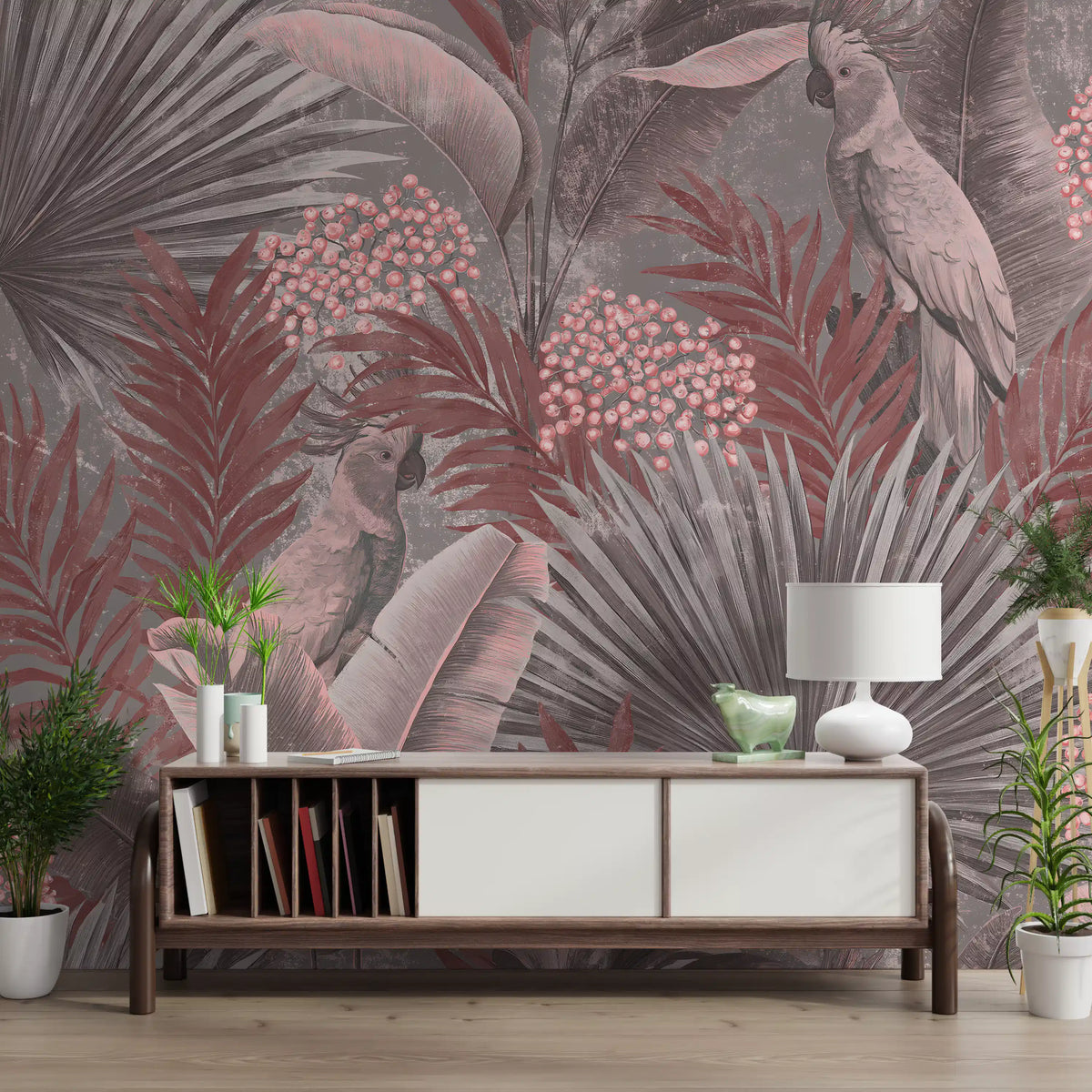Muted Pink Cockatoo Tropical Foliage Wall Mural