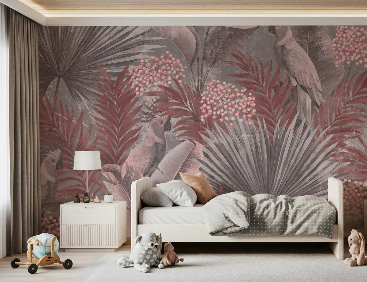 Muted Pink Cockatoo Tropical Foliage Wall Mural
