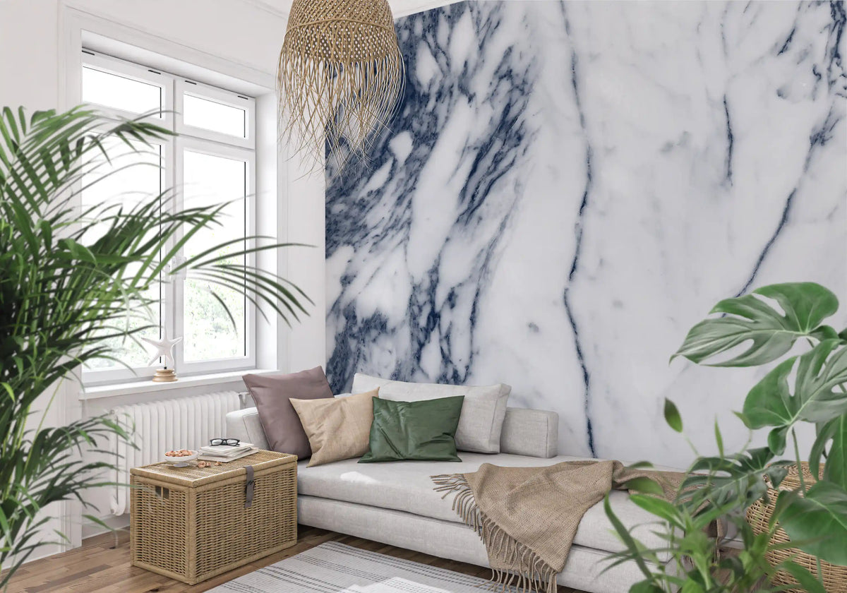 Classic Navy and White Marble Veins Wall Mural