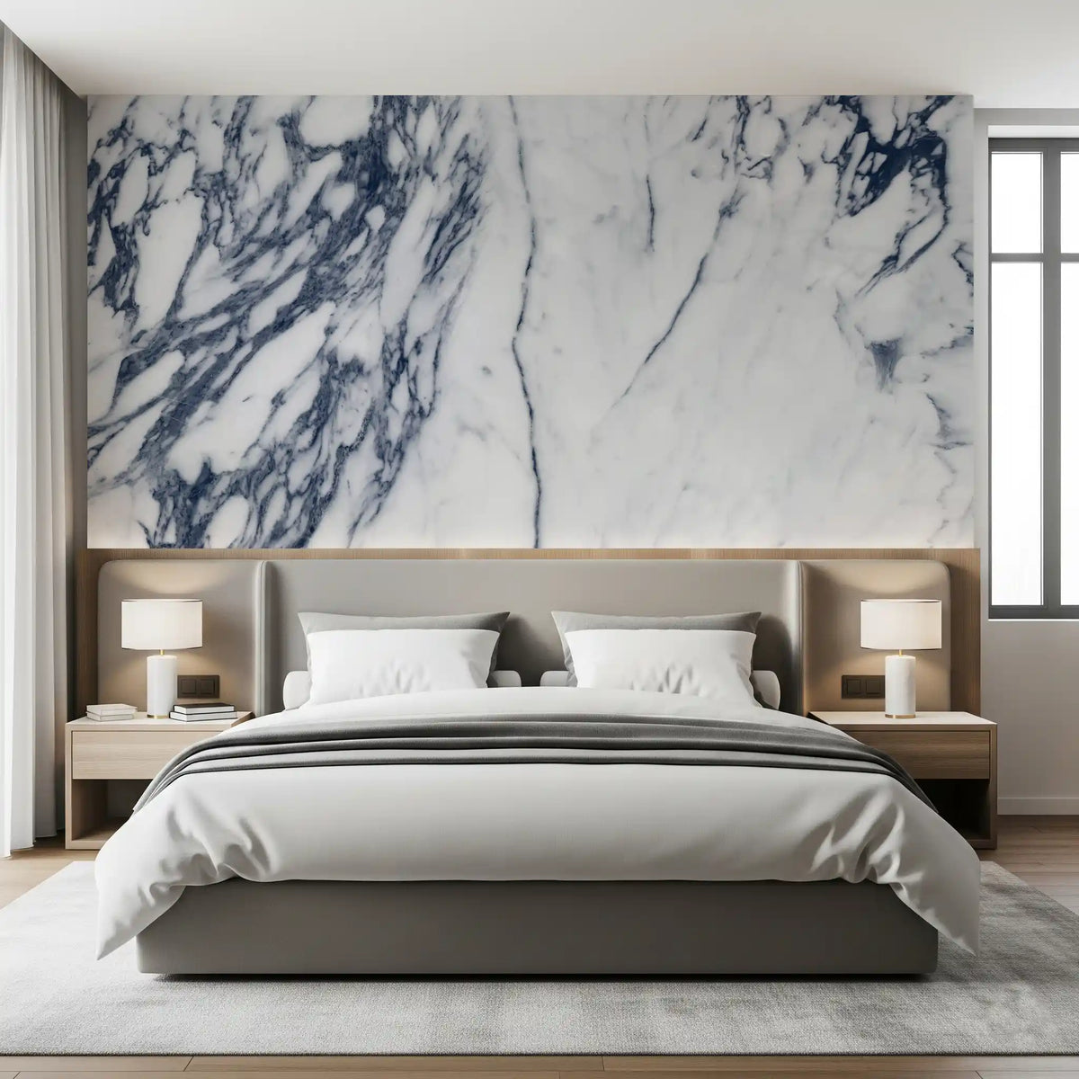 Classic Navy and White Marble Veins Wall Mural