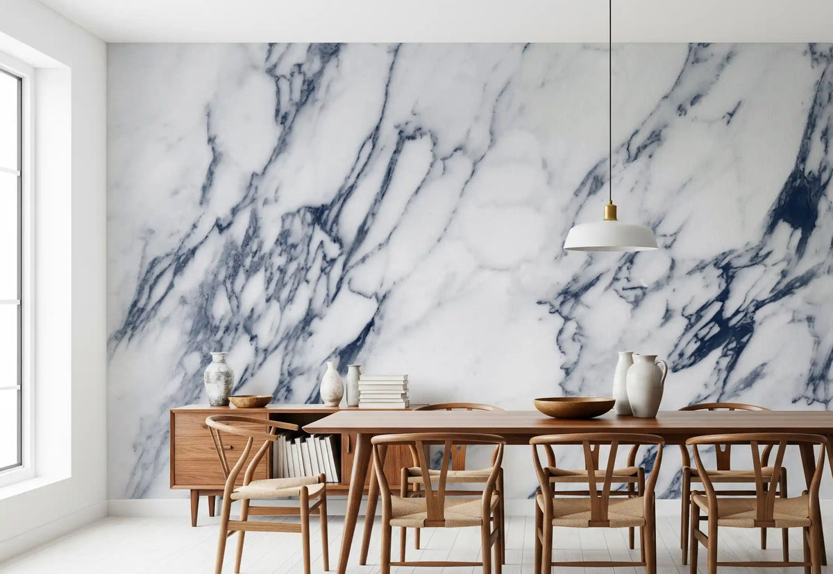 Classic White and Blue Veined Marble Wall Mural