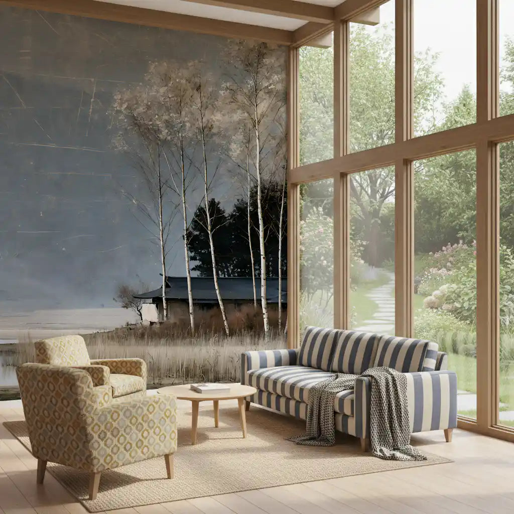 Mist Over Distant Birch Trees Wall Mural