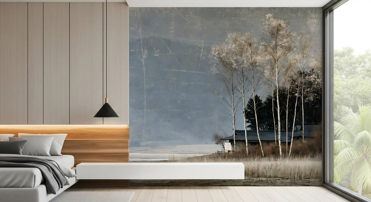 Mist Over Distant Birch Trees Wall Mural