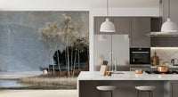 Mist Over Distant Birch Trees Wall Mural