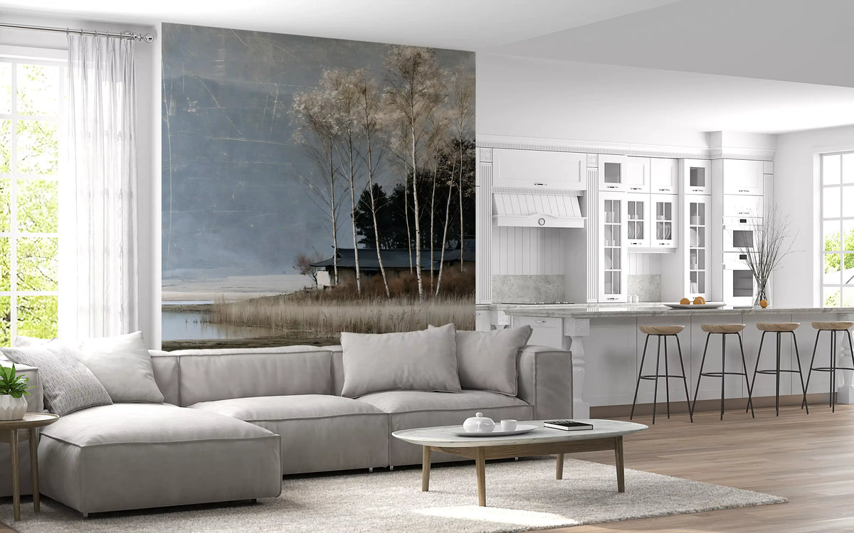 Mist Over Distant Birch Trees Wall Mural