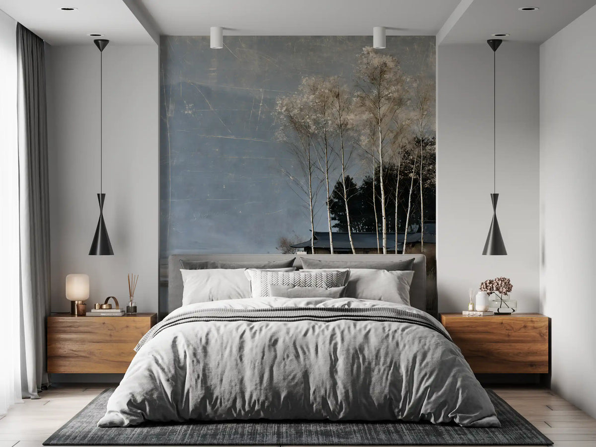 Mist Over Distant Birch Trees Wall Mural