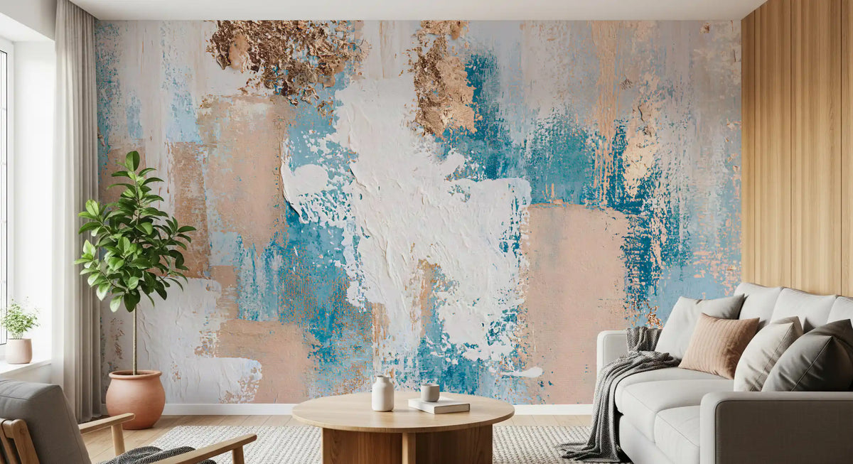 Azure and Gilded Brushstrokes Wall Mural