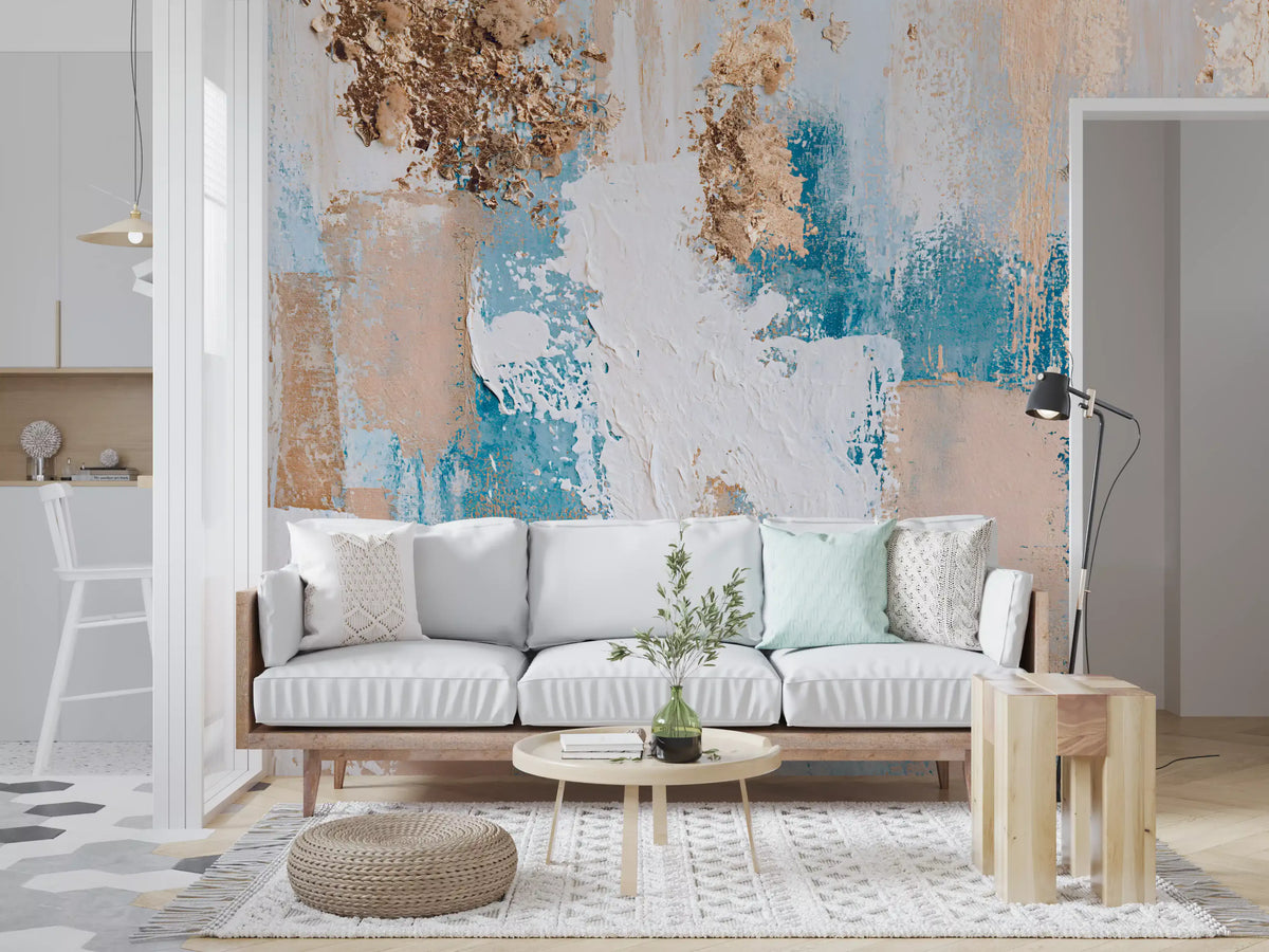 Azure and Gilded Brushstrokes Wall Mural