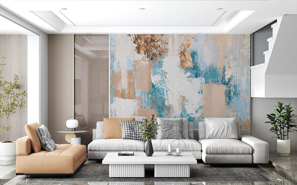 Azure and Gilded Brushstrokes Wall Mural