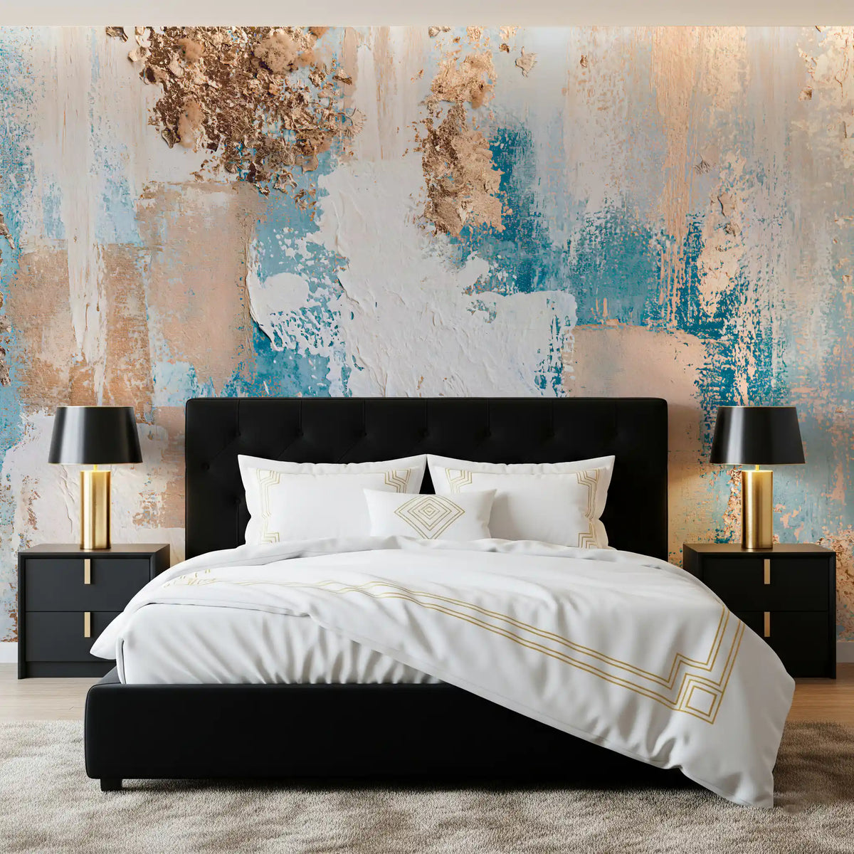 Azure and Gilded Brushstrokes Wall Mural