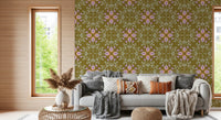 Symmetric Floral Renaissance on Olive Green Wallpaper⁠