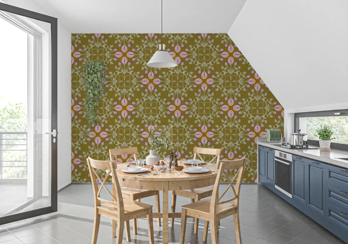 Symmetric Floral Renaissance on Olive Green Wallpaper⁠