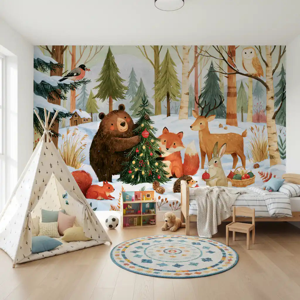 Winter Forest Friends Festive Christmas Celebration Wall Mural