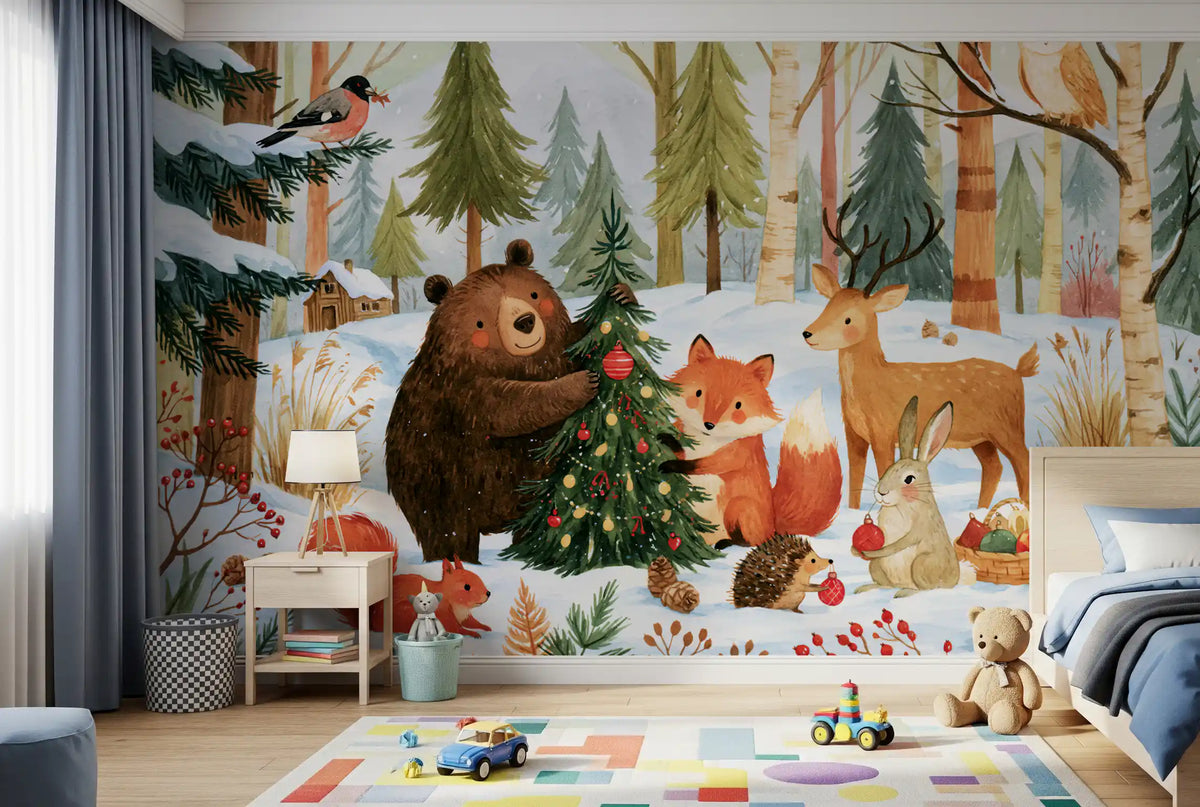 Winter Forest Friends Festive Christmas Celebration Wall Mural