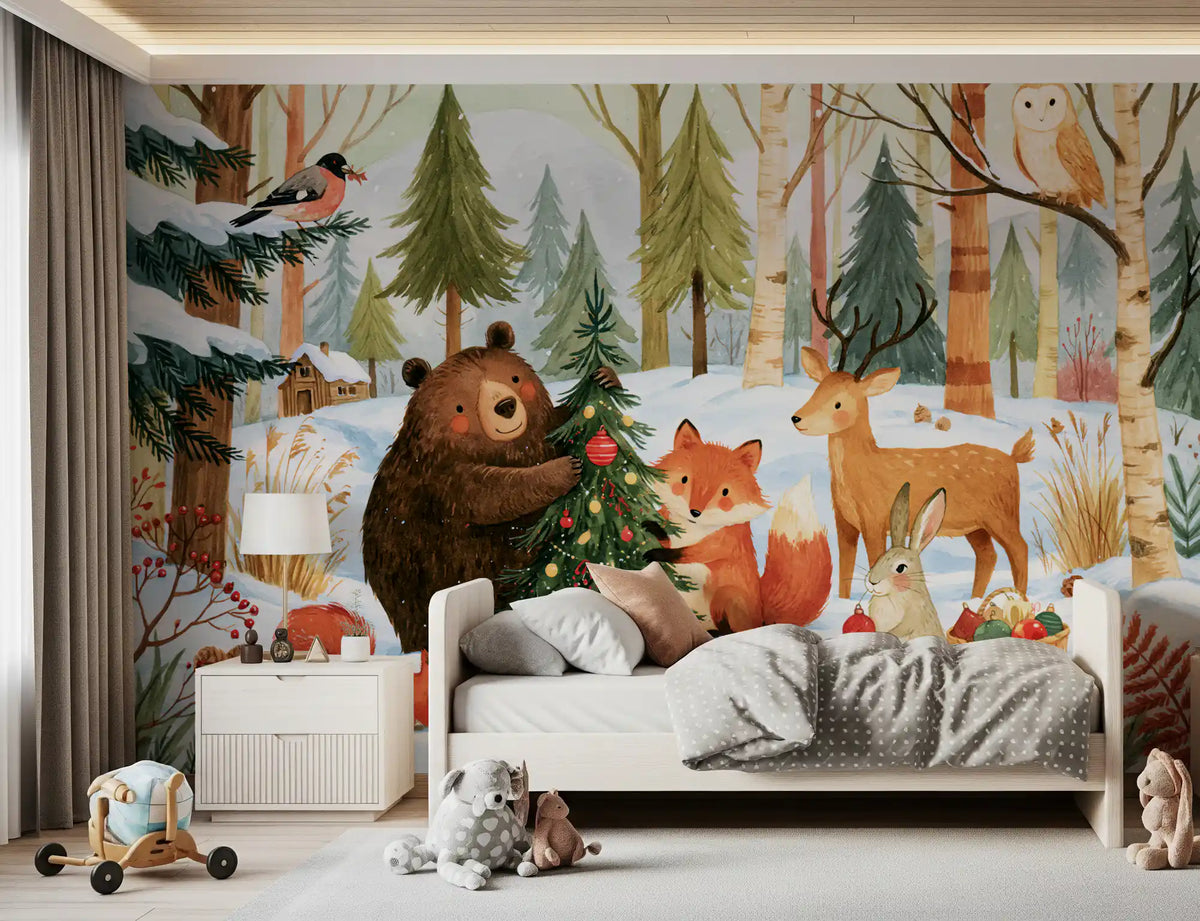 Winter Forest Friends Festive Christmas Celebration Wall Mural