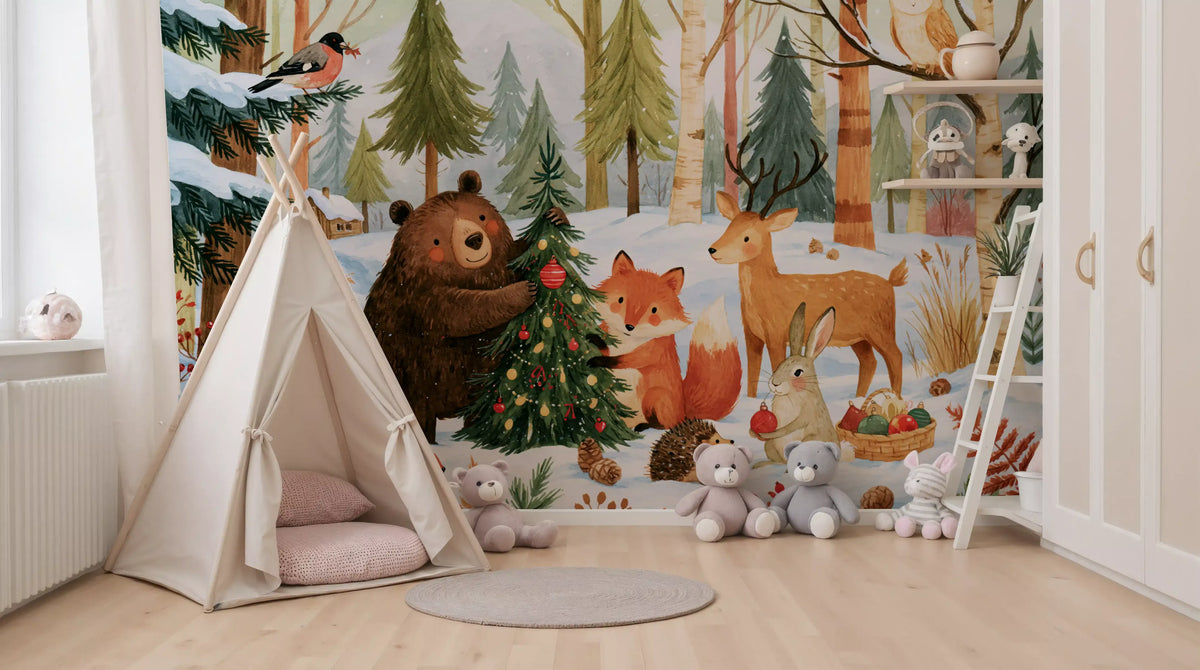 Winter Forest Friends Festive Christmas Celebration Wall Mural