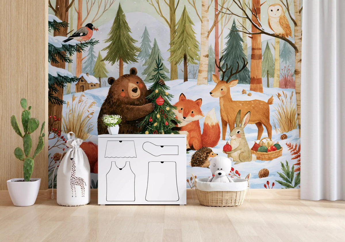 Winter Forest Friends Festive Christmas Celebration Wall Mural