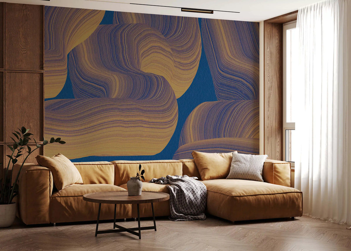 Sweeping Golden Curves on Navy Texture Wall Mural