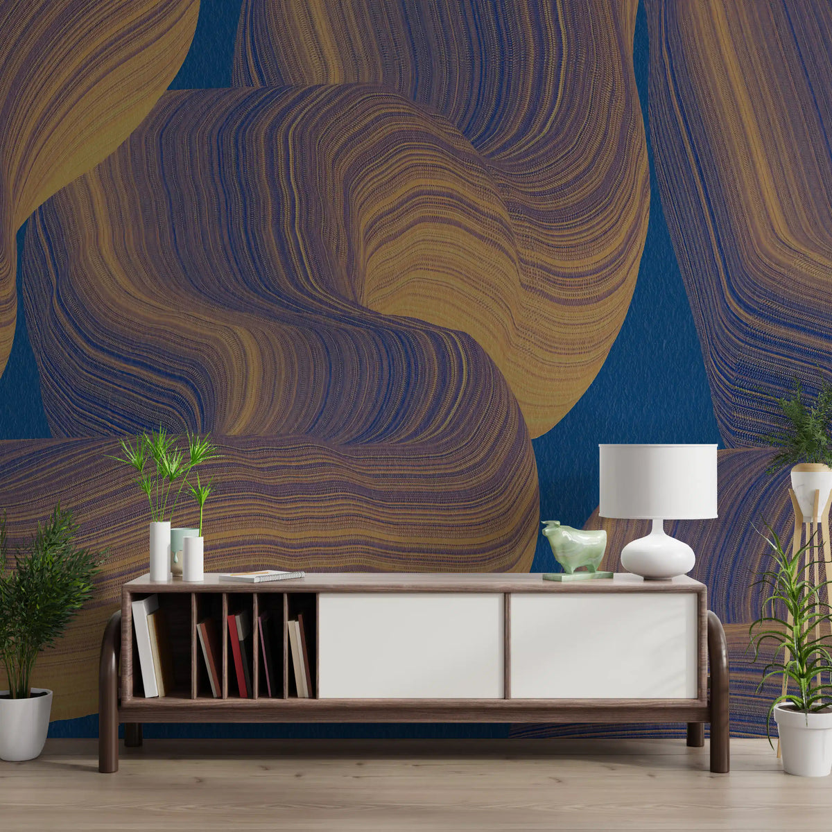 Sweeping Golden Curves on Navy Texture Wall Mural