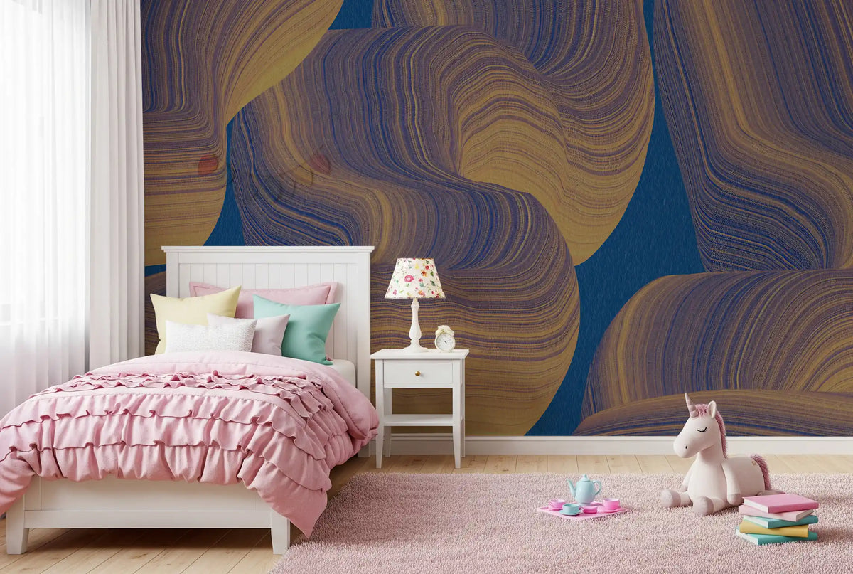 Sweeping Golden Curves on Navy Texture Wall Mural