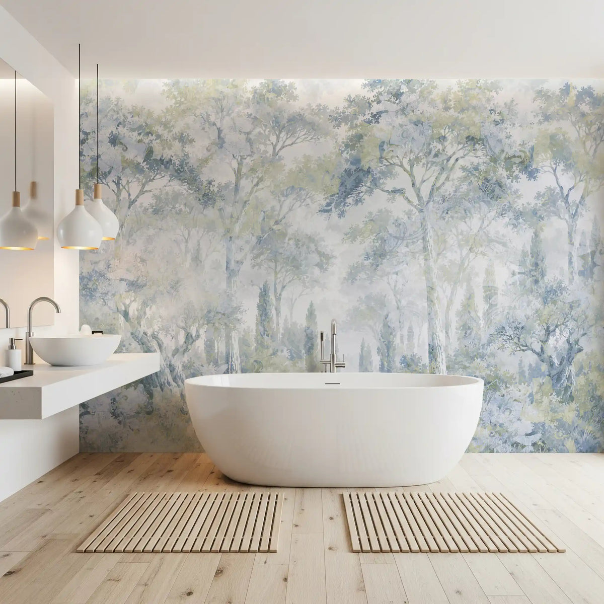Misty Icy Blue Tuscan Forest Path wall mural Wall Mural