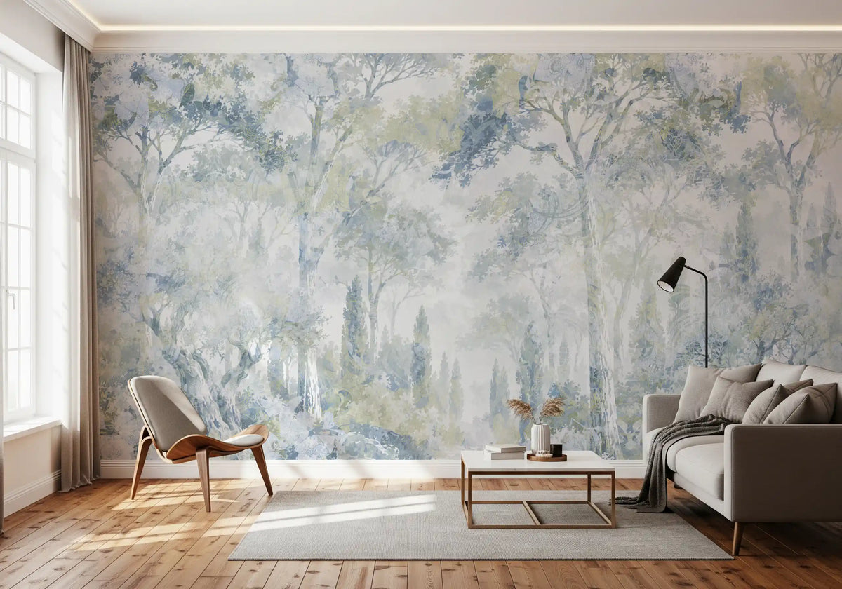 Misty Icy Blue Tuscan Forest Path wall mural Wall Mural