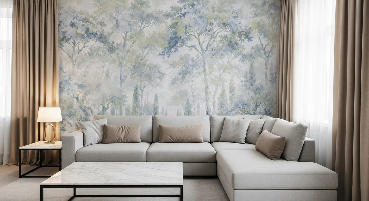 Misty Icy Blue Tuscan Forest Path wall mural Wall Mural