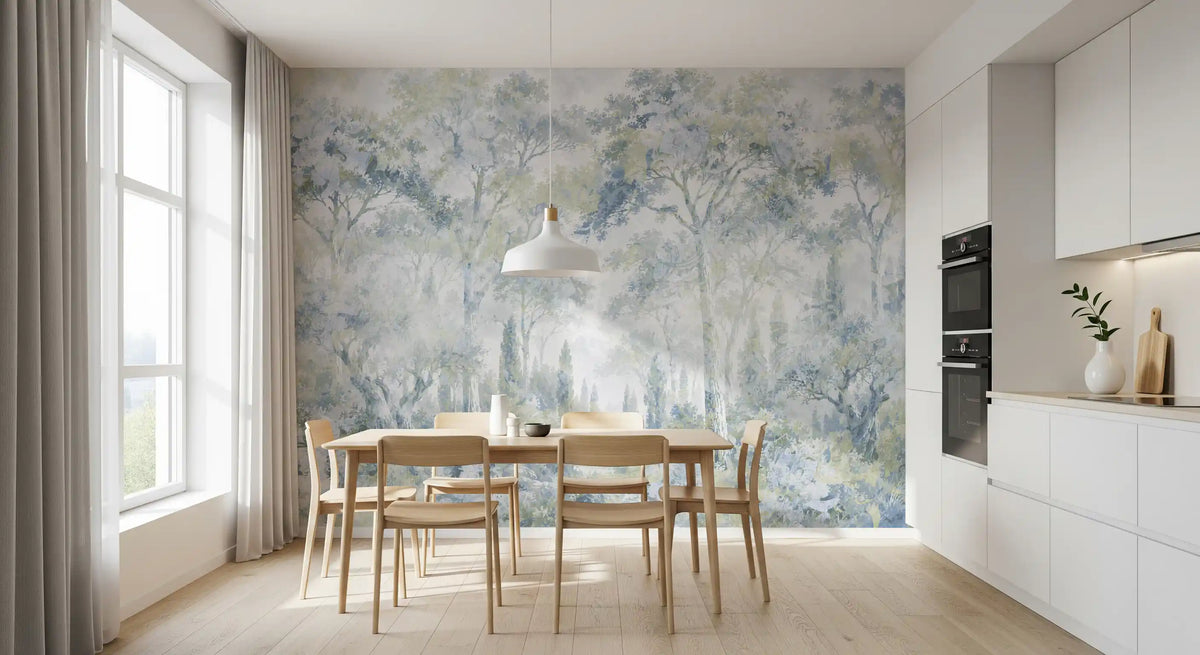 Misty Icy Blue Tuscan Forest Path wall mural Wall Mural