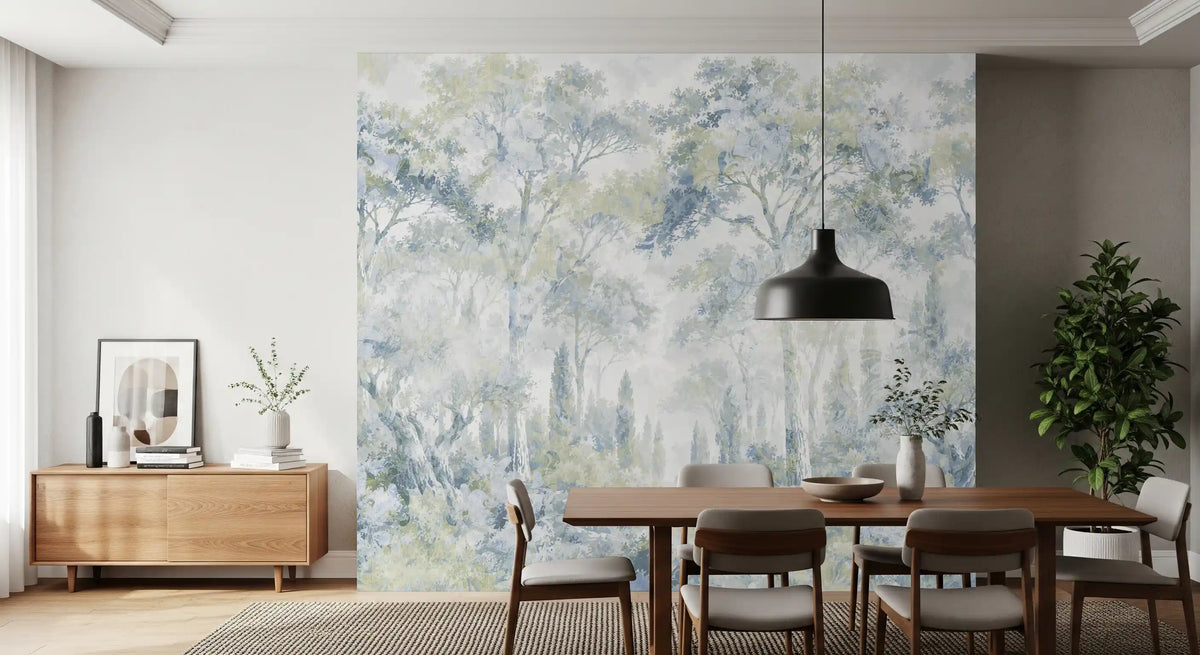 Misty Icy Blue Tuscan Forest Path wall mural Wall Mural