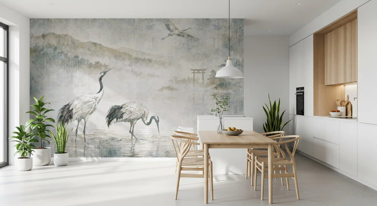 Serene Japanese Landscape & Crane Mural Wall Mural