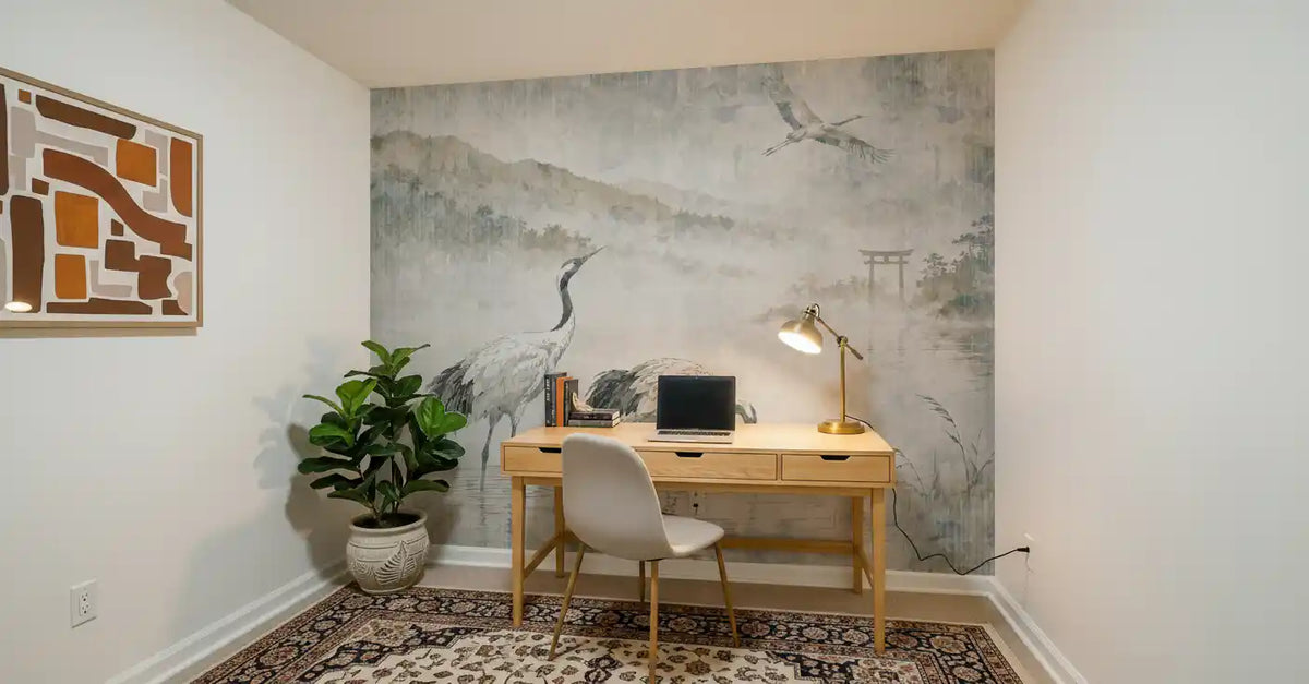 Serene Japanese Landscape & Crane Mural Wall Mural