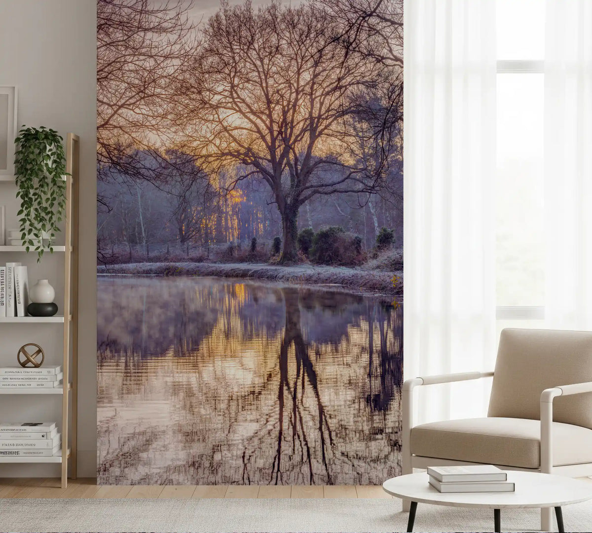 Golden Sunset Reflected in Still Woodland Waters Wall Mural