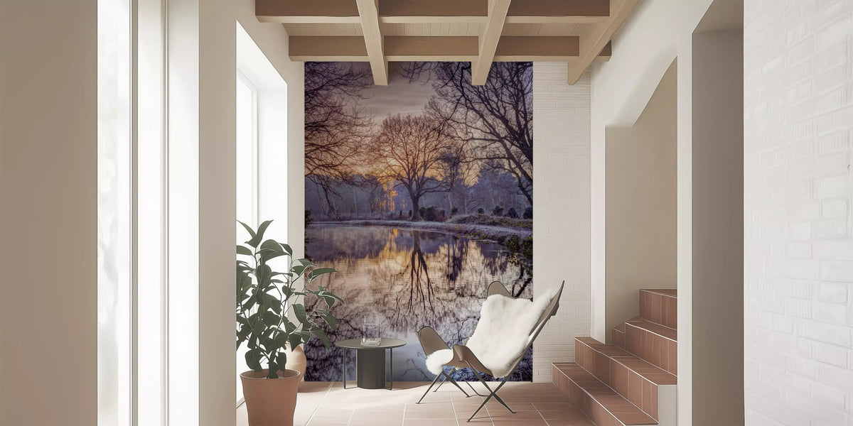 Golden Sunset Reflected in Still Woodland Waters Wall Mural
