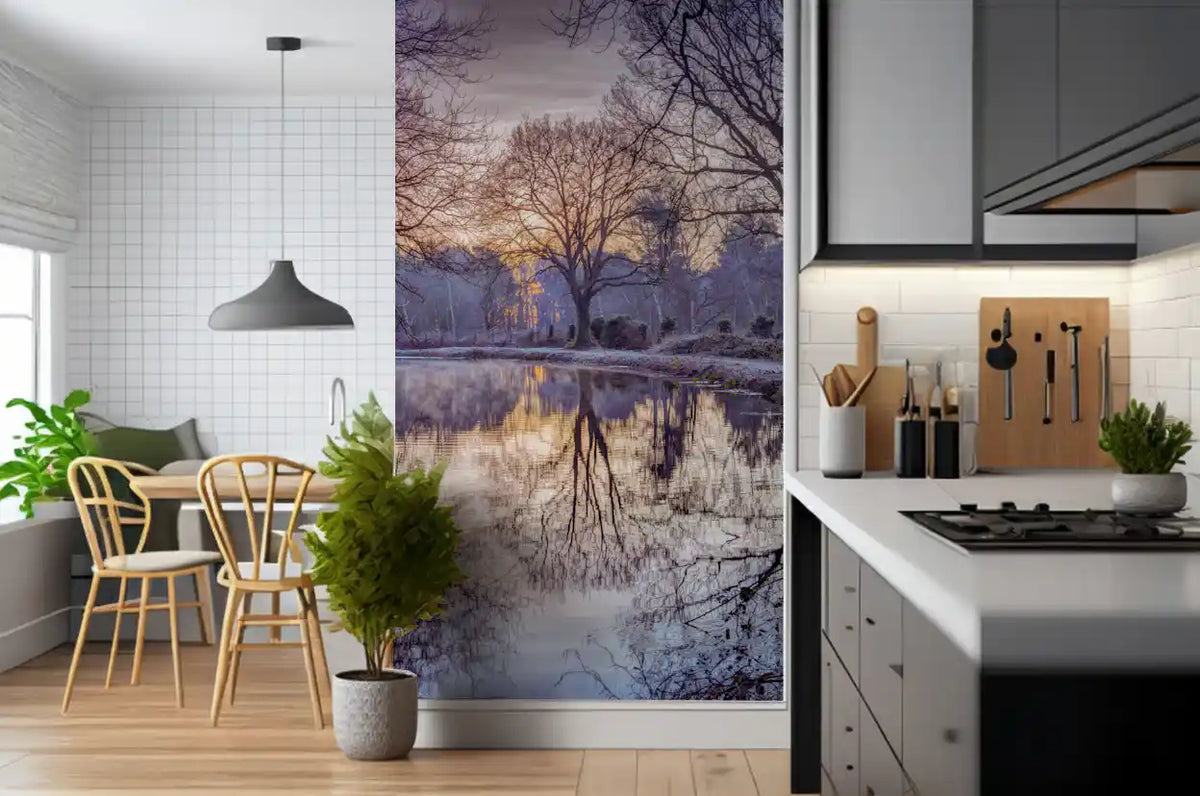 Golden Sunset Reflected in Still Woodland Waters Wall Mural