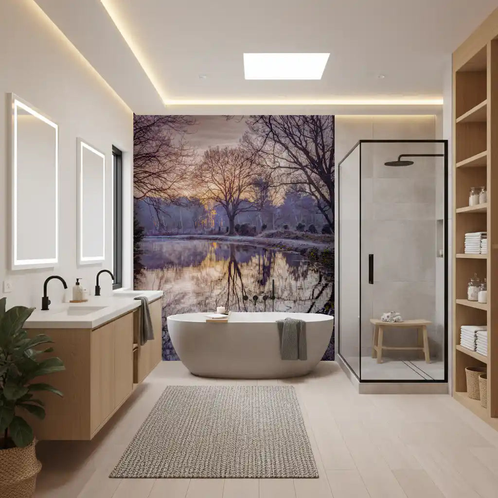 Golden Sunset Reflected in Still Woodland Waters Wall Mural