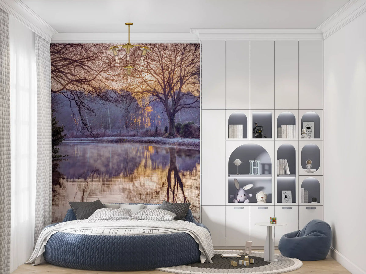 Golden Sunset Reflected in Still Woodland Waters Wall Mural