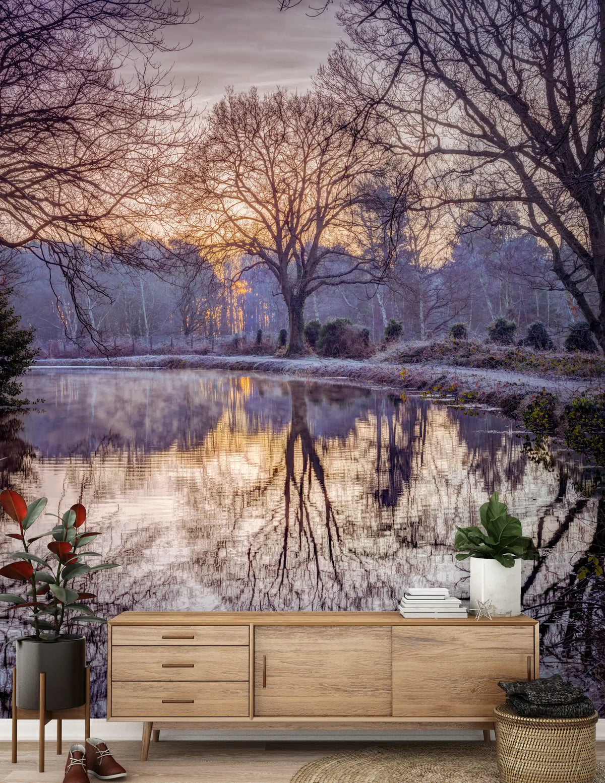 Golden Sunset Reflected in Still Woodland Waters Wall Mural