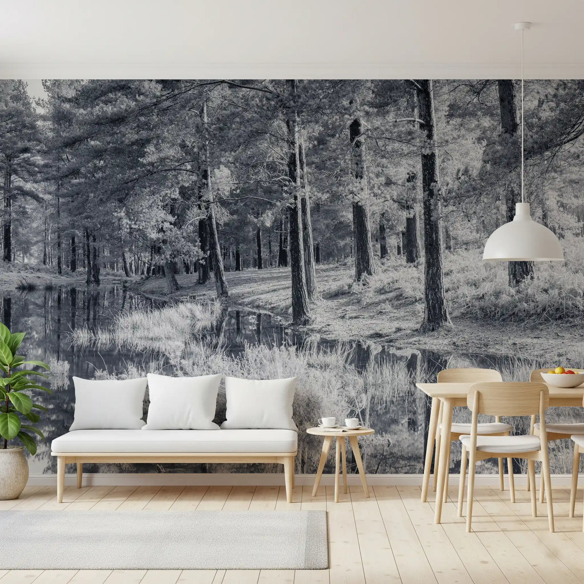 Monochrome Pine Forest Reflection Wall Mural