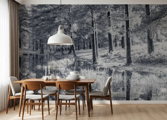 Monochrome Pine Forest Reflection Wall Mural