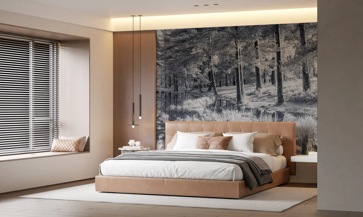Monochrome Pine Forest Reflection Wall Mural