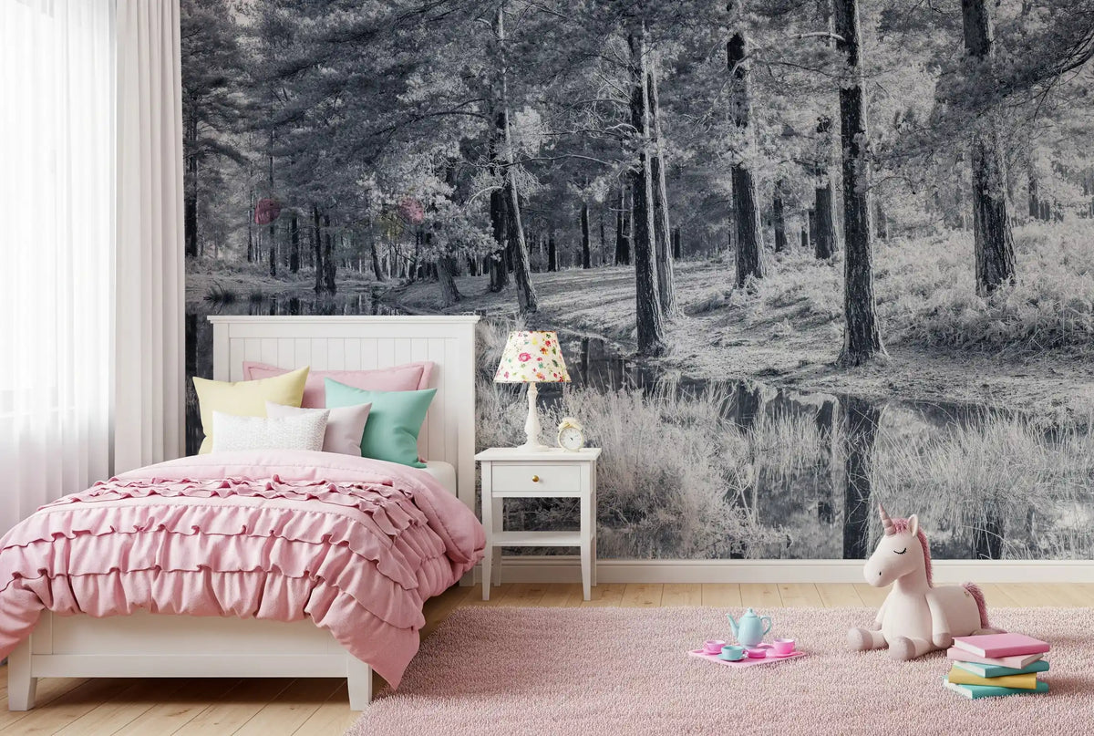 Monochrome Pine Forest Reflection Wall Mural