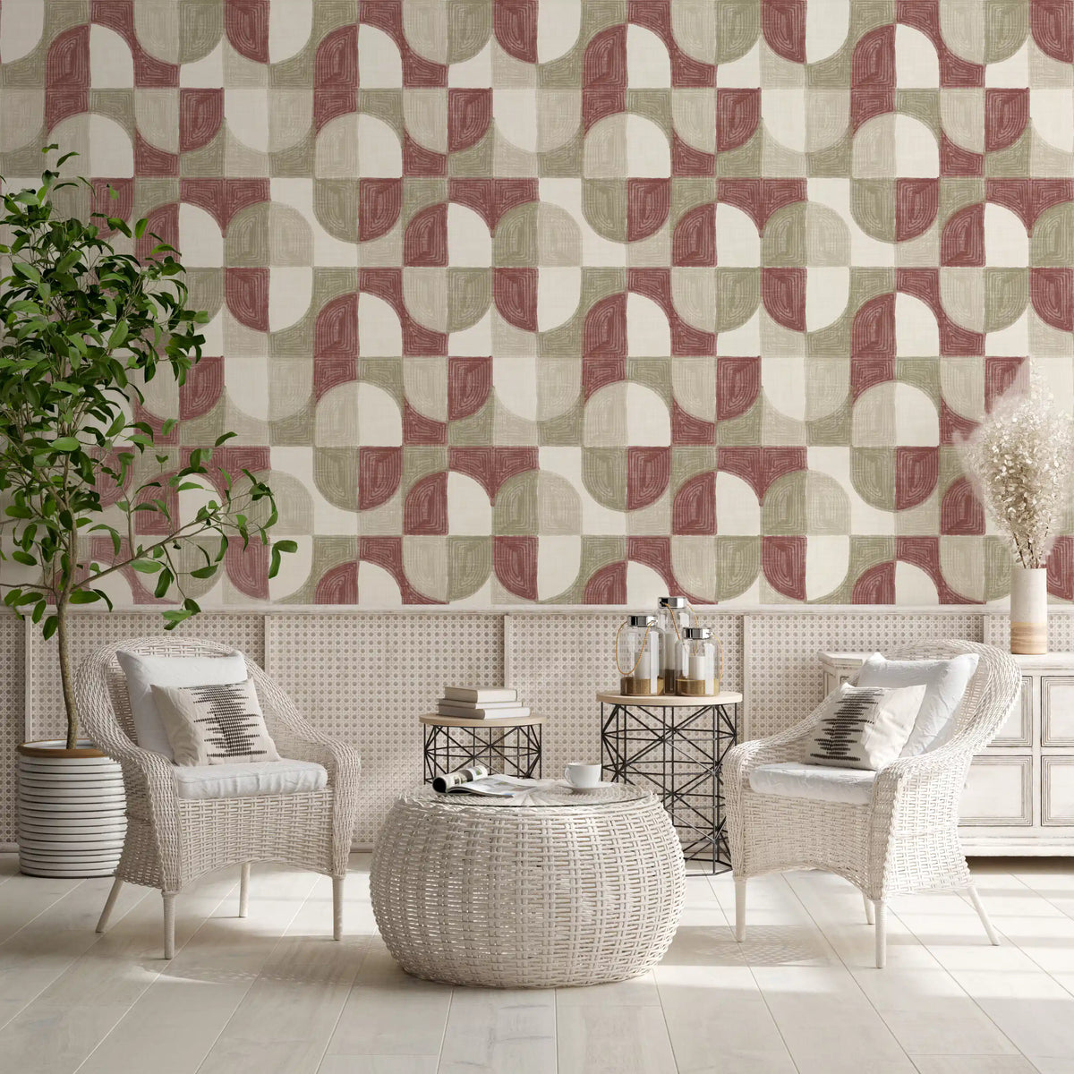 Bold Textured Hand Painted Geometries Rustic Farmhouse Earthy Tones Wallpaper⁠